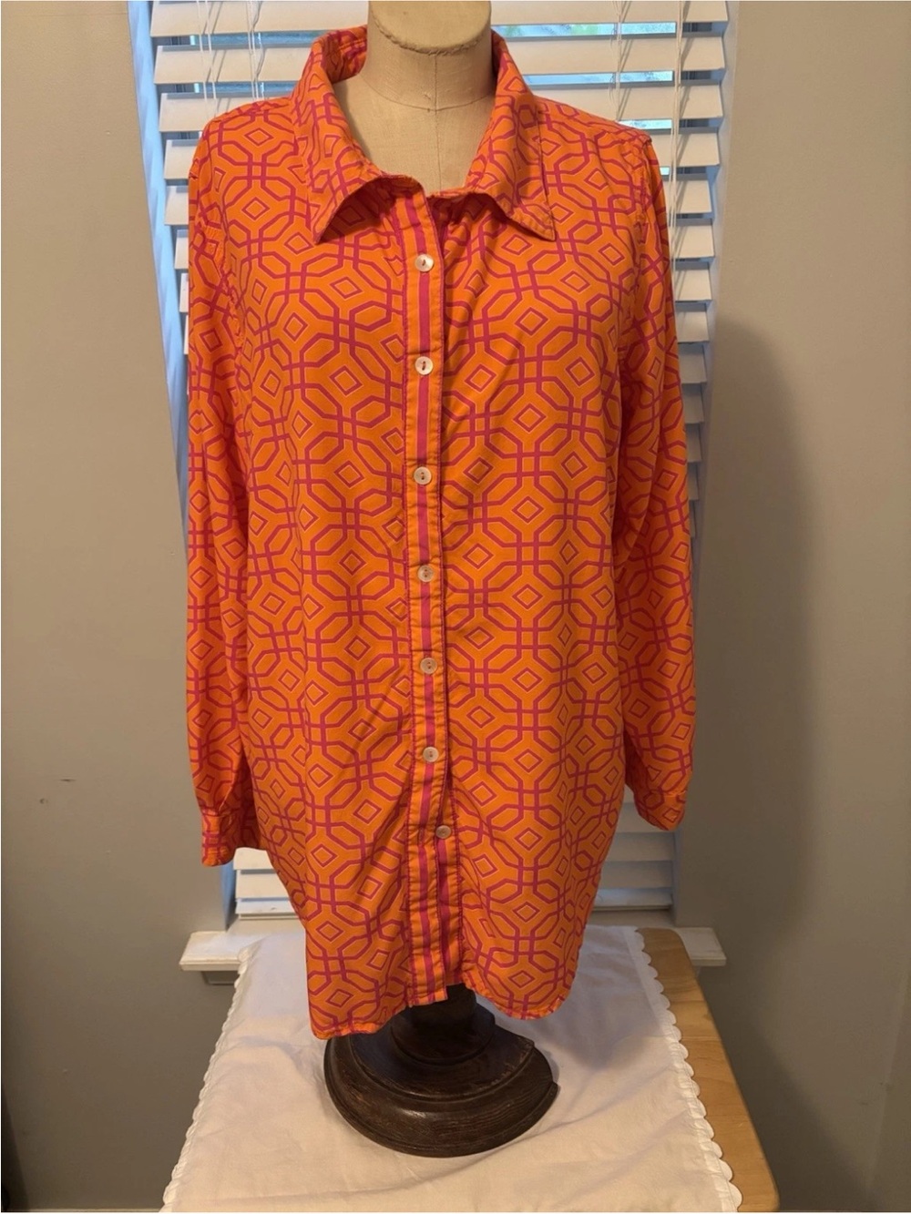 Women's Orange Geometric Button-Down Shirt
